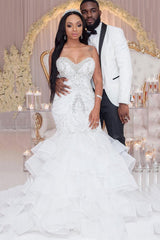 Luxury Long Mermaid Sweetheart Strapless Ruffles Beaded Crystal Wedding Dress-showprettydress