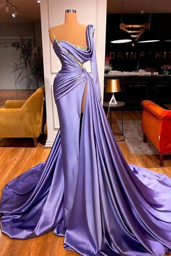 Luxury Long One Shoulder Satin Mermaid Prom Dresses with Split-showprettydress