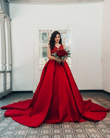 Luxury Long Princess Satin V-neck Wedding Dresses with Lace-showprettydress