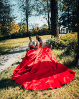 Luxury Long Princess Satin V-neck Wedding Dresses with Lace-showprettydress