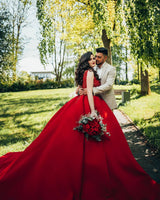 Luxury Long Princess Satin V-neck Wedding Dresses with Lace-showprettydress