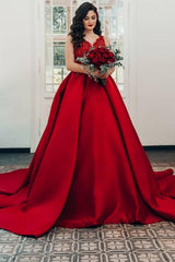 Luxury Long Princess Satin V-neck Wedding Dresses with Lace-showprettydress