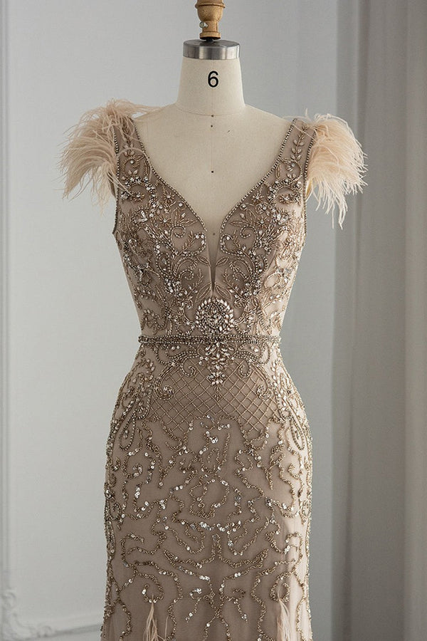Luxury V Neck Mermaid Evening Dress with Feathers Appliques-showprettydress