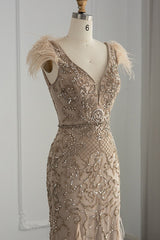 Luxury V Neck Mermaid Evening Dress with Feathers Appliques-showprettydress