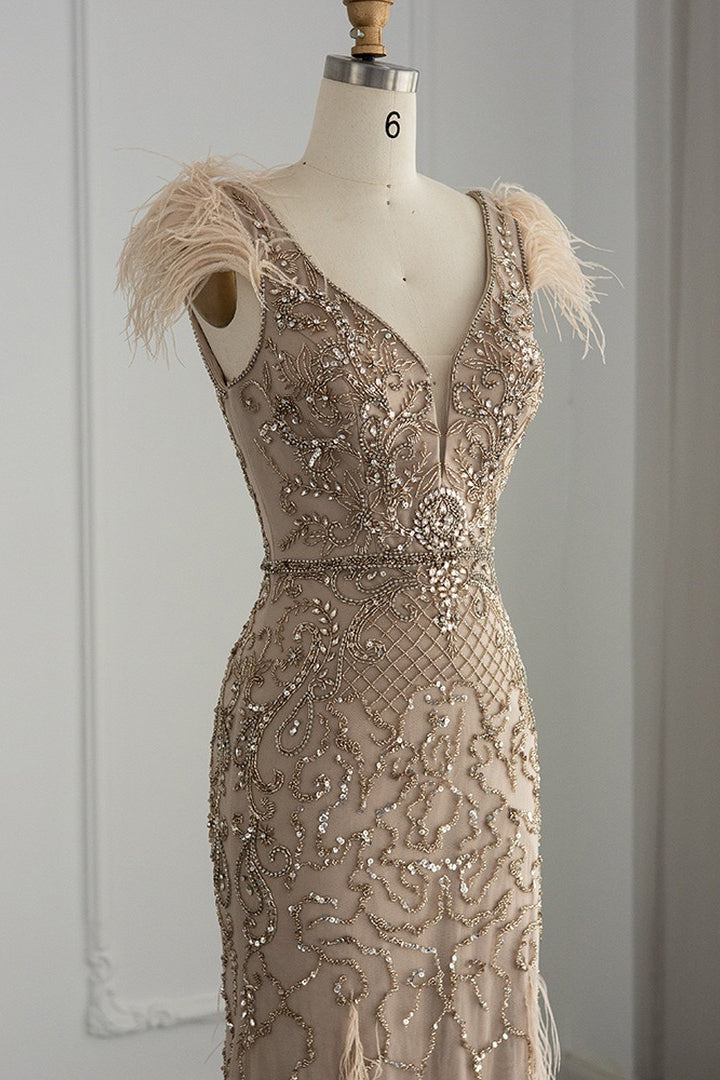 Luxury V Neck Mermaid Evening Dress with Feathers Appliques-showprettydress