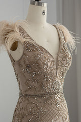 Luxury V Neck Mermaid Evening Dress with Feathers Appliques-showprettydress