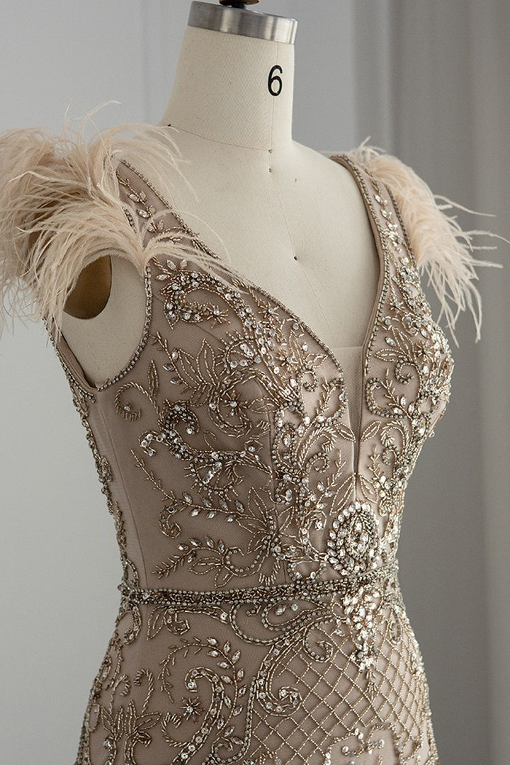 Luxury V Neck Mermaid Evening Dress with Feathers Appliques-showprettydress