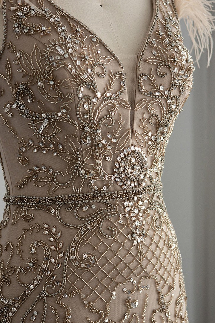 Luxury V Neck Mermaid Evening Dress with Feathers Appliques-showprettydress