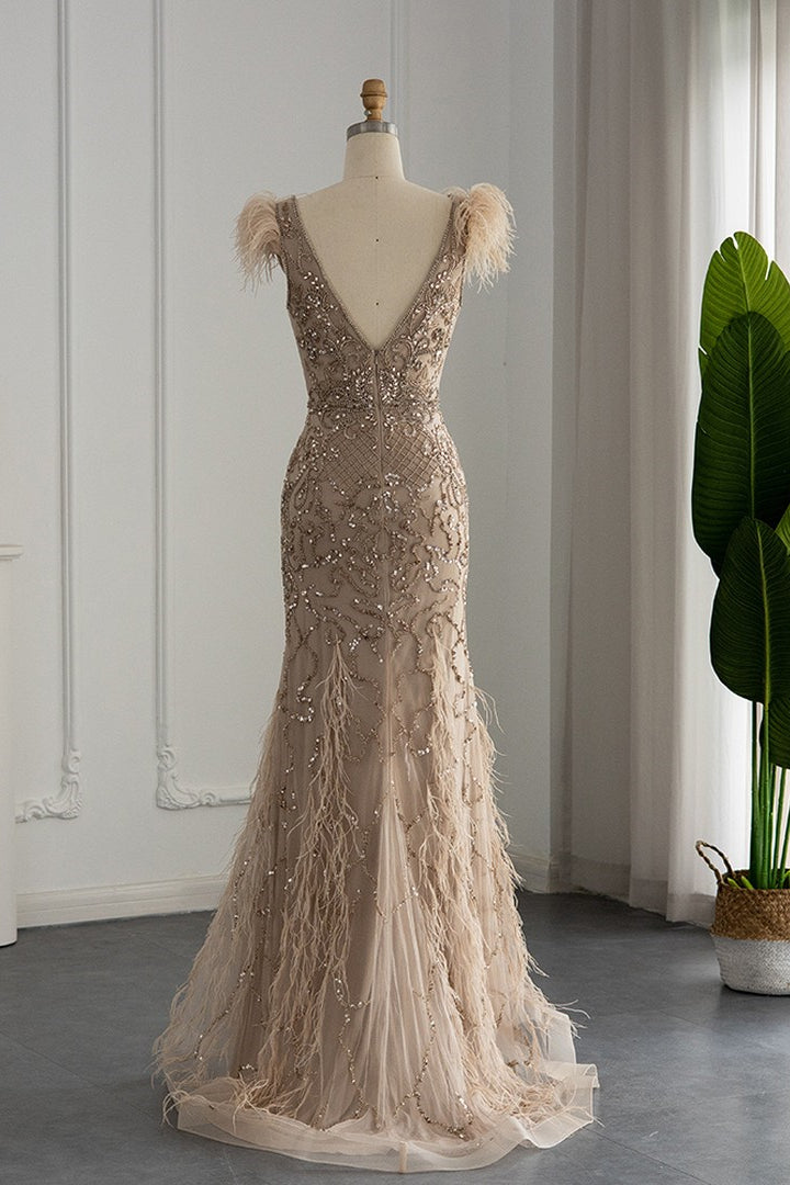 Luxury V Neck Mermaid Evening Dress with Feathers Appliques-showprettydress