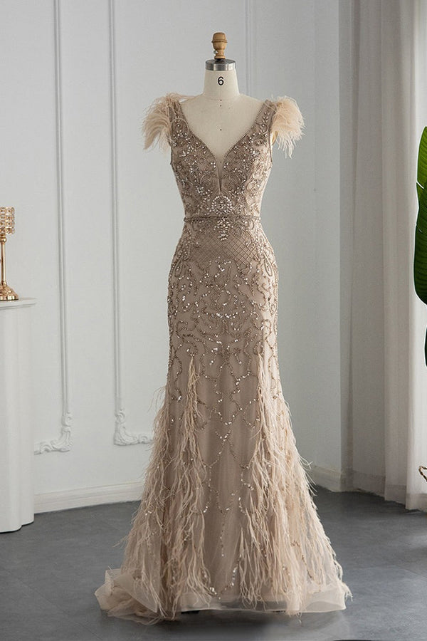 Luxury V Neck Mermaid Evening Dress with Feathers Appliques-showprettydress