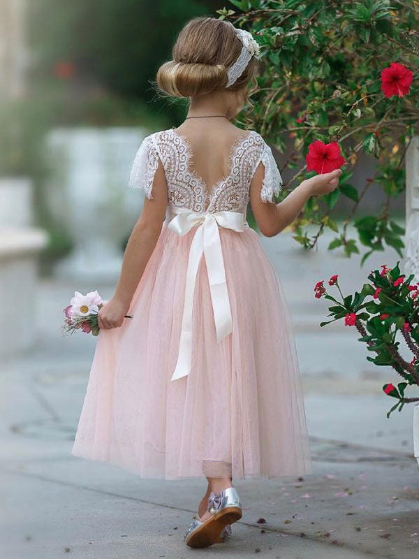Maroon Jewel Neck Short Sleeves Sash Kids Social Party Dresses-showprettydress