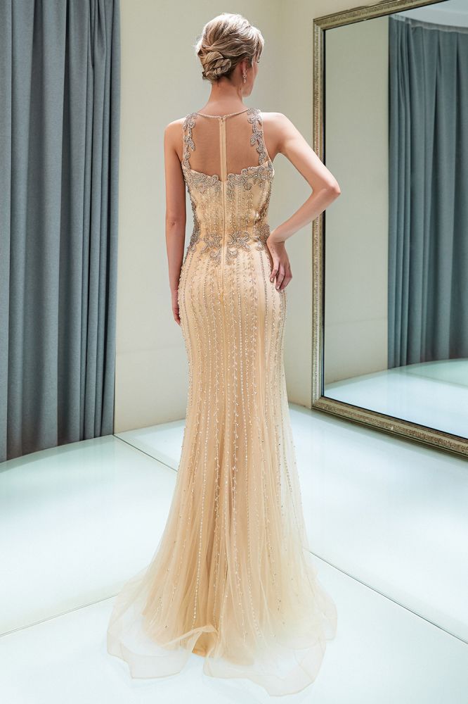 MATILDA Mermaid Floor Length Sleeveless Beading Golden Evening Dresses-showprettydress