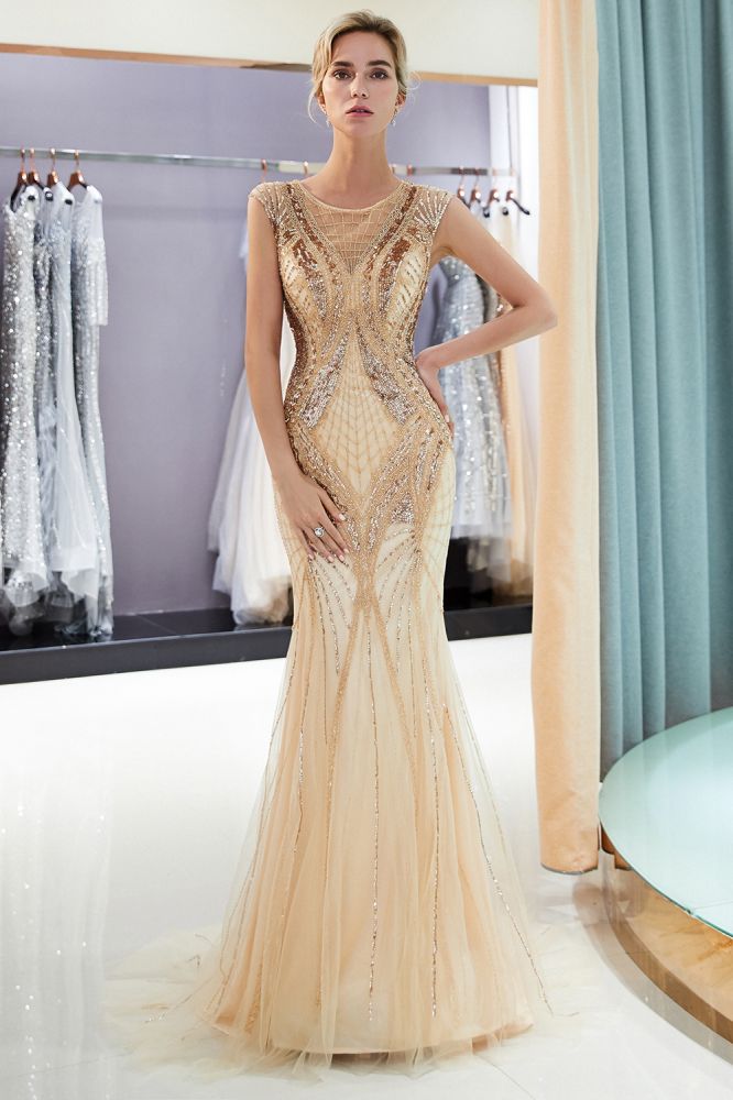 MAUD Mermaid Sleeveless Golden Sequins Beading Formal Party Dresses-showprettydress