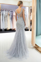 MEG Mermaid Sleeveless Illusion Neckline Crystal Sqeuined Tulle Evening Dresses-showprettydress