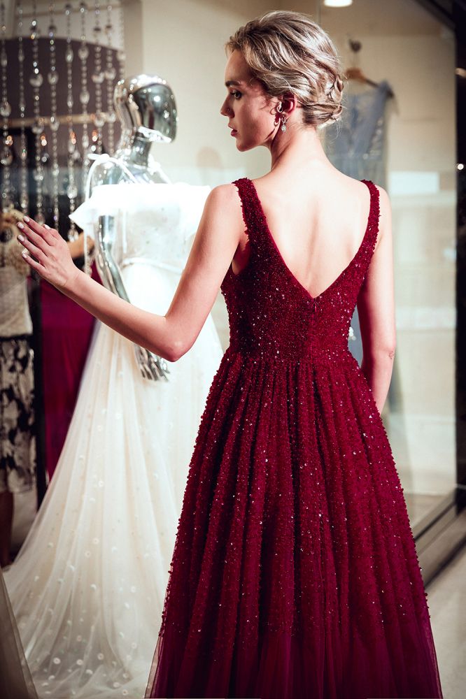 MELANIE A-line Long V-neck Sleeveless Burgundy Sequins Tulle Evening Dresses-showprettydress