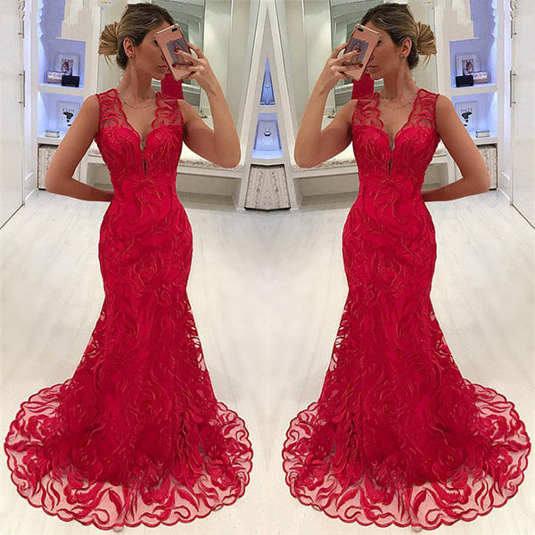 Mermaid Appliques Straps Sleeveless V-Neck Long Prom Party Gowns-showprettydress