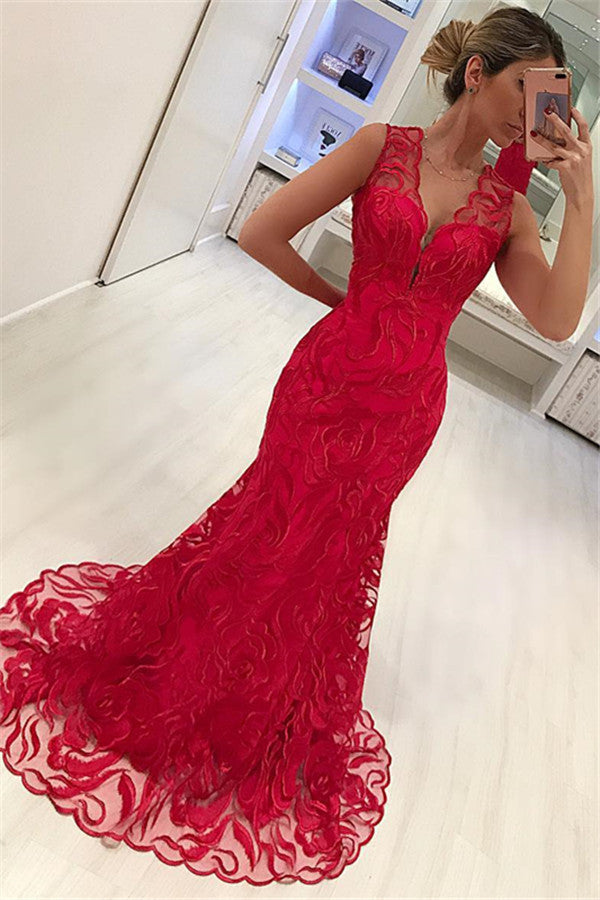 Mermaid Appliques Straps Sleeveless V-Neck Long Prom Party Gowns-showprettydress