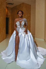 Mermaid Asymmetrical High Split One Shoulder Floor-length Long Sleeve Open Back Appliques Lace Wedding Dresses-showprettydress