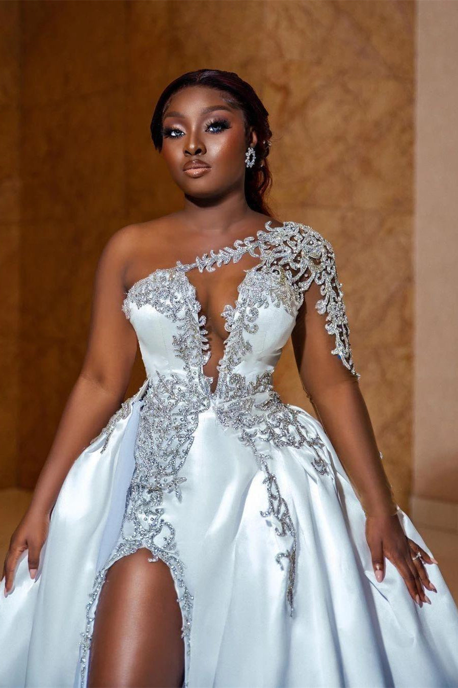 Mermaid Asymmetrical High Split One Shoulder Floor-length Long Sleeve Open Back Appliques Lace Wedding Dresses-showprettydress