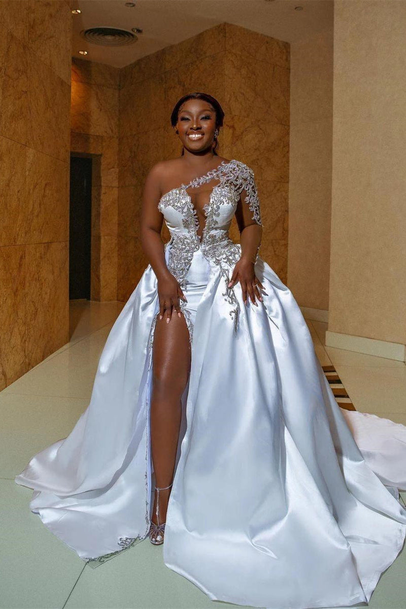 Mermaid Asymmetrical High Split One Shoulder Floor-length Long Sleeve Open Back Appliques Lace Wedding Dresses-showprettydress