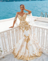 Mermaid Bridal Gowns Gold Appliques Half Sleeve Cape-showprettydress
