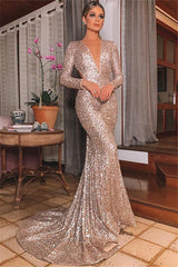 Mermaid Chic Silver Backless Lone-Sleeves V-Neck Sequins Evening Dresses-showprettydress