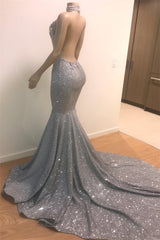 Mermaid Deep V-neck Halter Chapel Backless Paillette Prom Dress-showprettydress