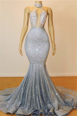 Mermaid Deep V-neck Halter Chapel Backless Paillette Prom Dress-showprettydress
