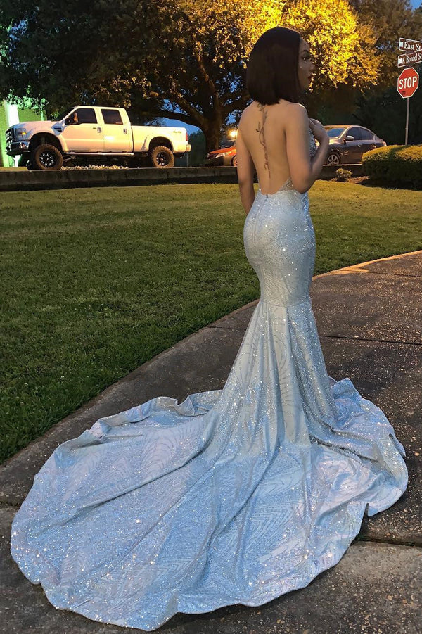Mermaid Deep V-neck Halter Chapel Backless Paillette Prom Dress-showprettydress