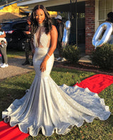 Mermaid Deep V-neck Halter Chapel Backless Paillette Prom Dress-showprettydress