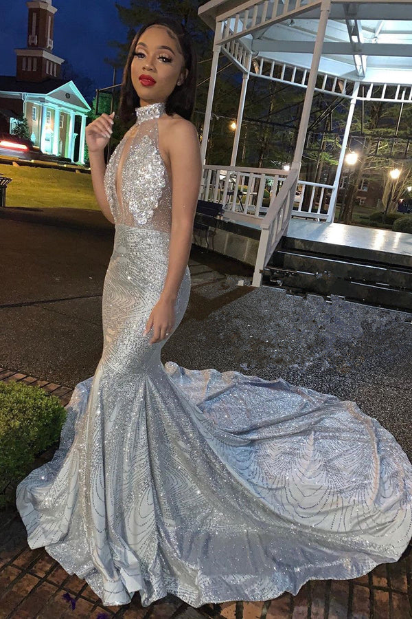 Mermaid Deep V-neck Halter Chapel Backless Paillette Prom Dress-showprettydress