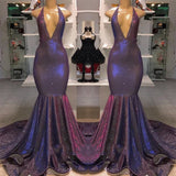 Mermaid Deep V-neck Halter Chapel Ruffle Hem Paillette Prom Dress-showprettydress