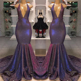 Mermaid Deep V-neck Halter Chapel Ruffle Hem Paillette Prom Dress-showprettydress