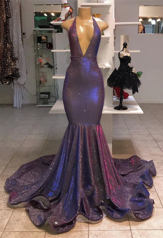 Mermaid Deep V-neck Halter Chapel Ruffle Hem Paillette Prom Dress-showprettydress