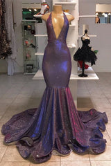 Mermaid Deep V-neck Halter Chapel Ruffle Hem Paillette Prom Dress-showprettydress