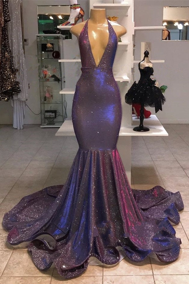 Mermaid Deep V-neck Halter Chapel Ruffle Hem Paillette Prom Dress-showprettydress