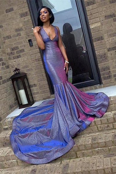 Mermaid Deep V-neck Halter Chapel Ruffle Hem Paillette Prom Dress-showprettydress