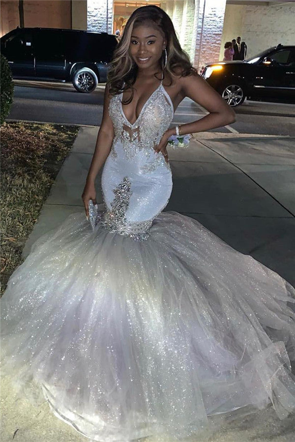 Mermaid Deep V-neck Halter Floor Length Tulle Paillette Beading Prom Dress-showprettydress