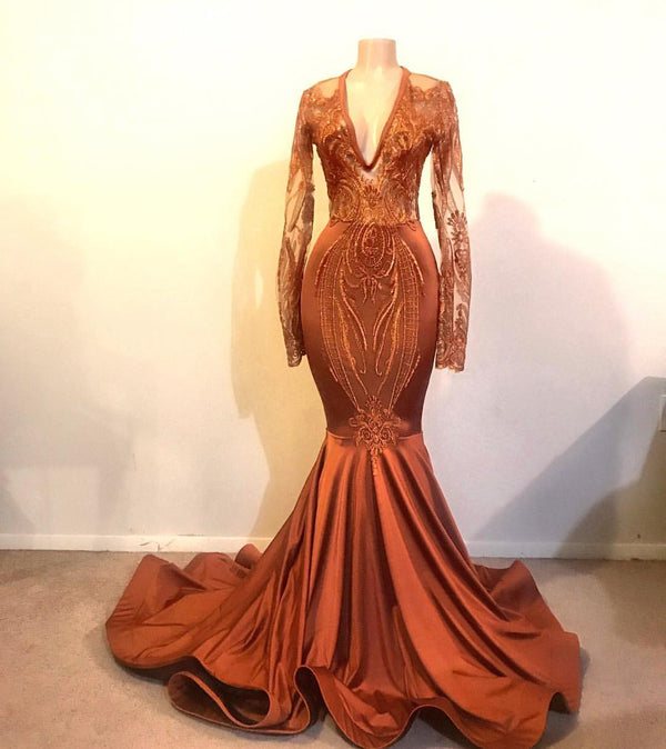 Mermaid Deep V-neck Long Sleeve Floor Length Chiffon Embroidery Prom Dress-showprettydress