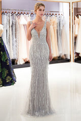 Mermaid Deep V-neck Sleeveless Tassel Beading Party Dresses-showprettydress