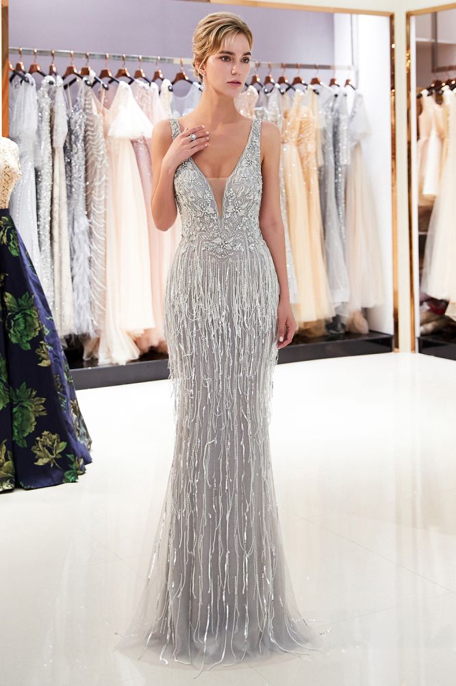 Mermaid Deep V-neck Sleeveless Tassel Beading Party Dresses-showprettydress