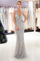 Mermaid Deep V-neck Sleeveless Tassel Beading Party Dresses-showprettydress