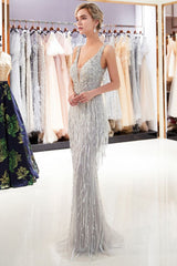 Mermaid Deep V-neck Sleeveless Tassel Beading Party Dresses-showprettydress