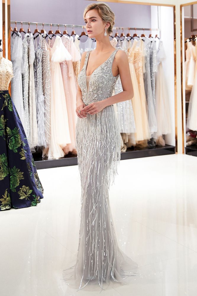 Mermaid Deep V-neck Sleeveless Tassel Beading Party Dresses-showprettydress