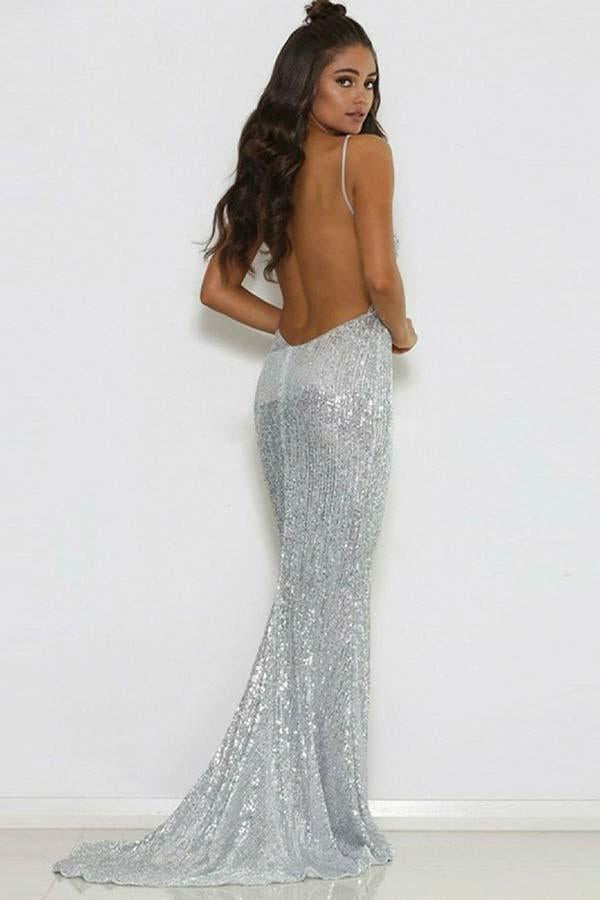Mermaid Deep V-neck Spaghetti Strap Floor Length Backless Paillette Evening Dress-showprettydress