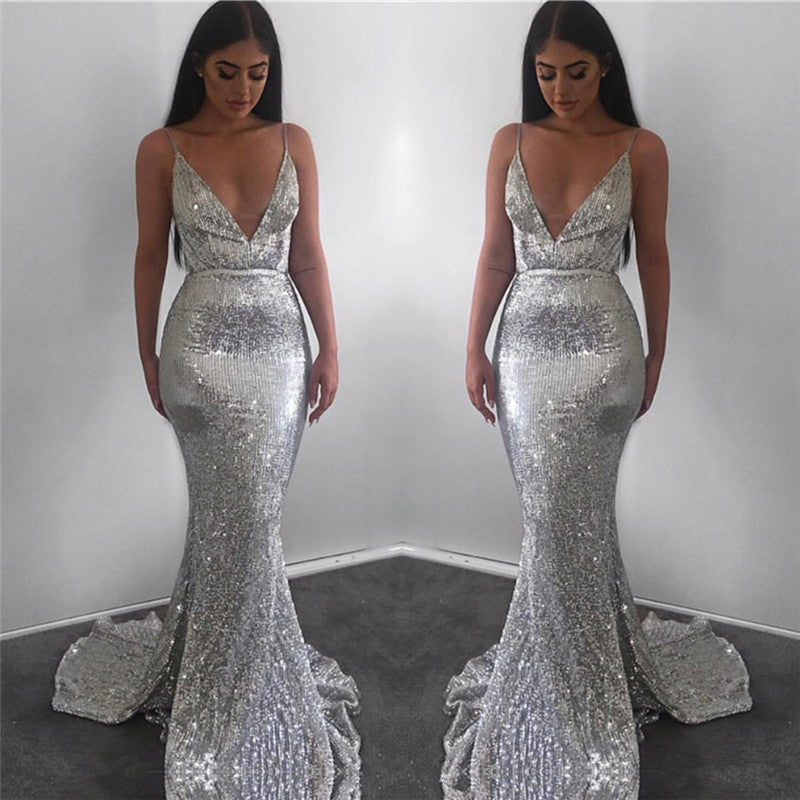 Mermaid Deep V-neck Spaghetti Strap Floor Length Backless Paillette Evening Dress-showprettydress