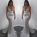 Mermaid Deep V-neck Spaghetti Strap Floor Length Backless Paillette Evening Dress-showprettydress