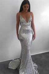 Mermaid Deep V-neck Spaghetti Strap Floor Length Backless Paillette Evening Dress-showprettydress