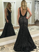Mermaid Deep V-neck Wide Strap Floor Length Backless Paillette Evening Dress-showprettydress