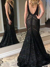 Mermaid Deep V-neck Wide Strap Floor Length Backless Paillette Evening Dress-showprettydress